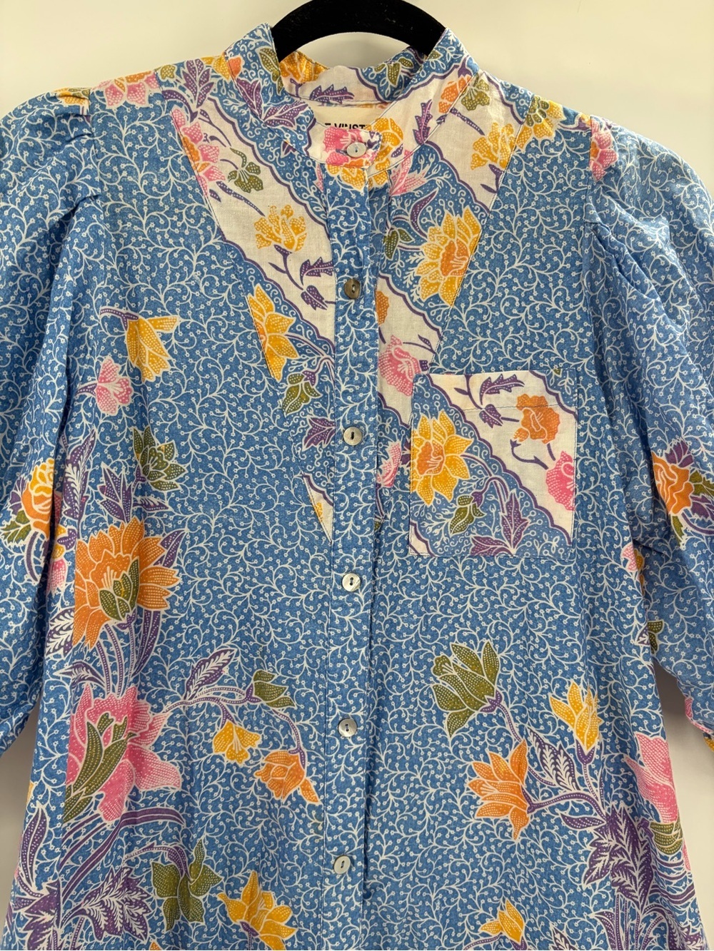V.DE.VINSTER Floral Button Front Shirt Dress Blue Pink Boho Puff Sleeve Medium - Picture 3 of 12